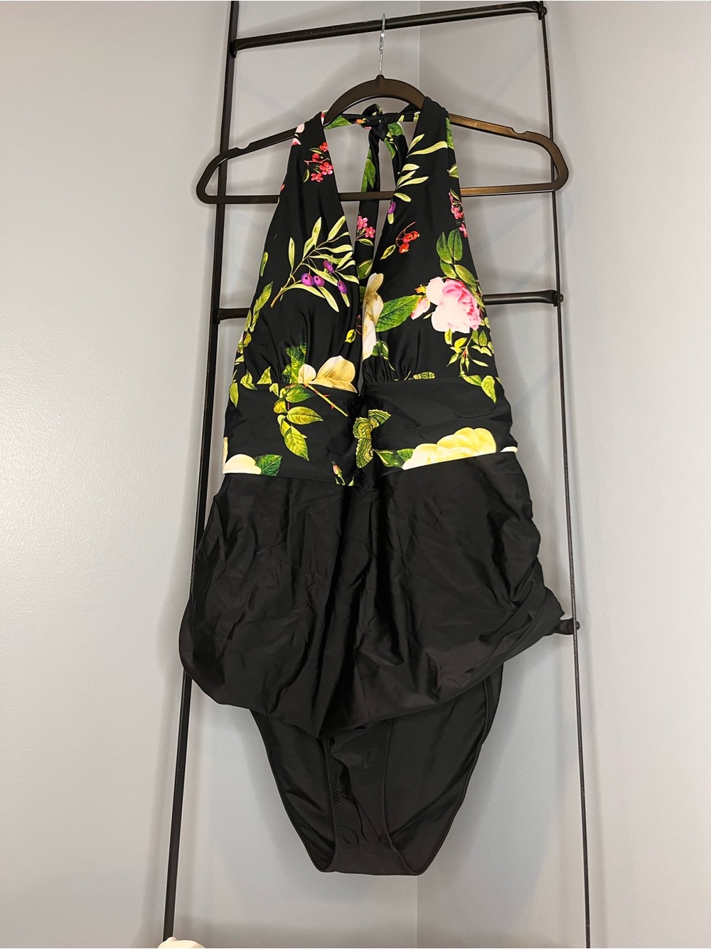Cupshe Black Halter One-Piece Swimsuit with Yellow, Pink and Green Floral Print